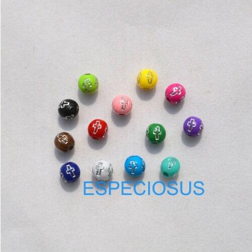 200 pcs DIY Multi Painted Silver Color Cross Beads 8MM Round Shape Bracelet Accessories Acrylic Beads Jewelry Making Department