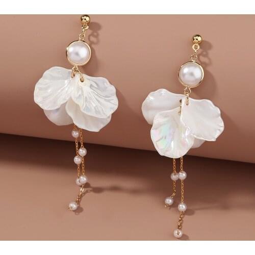 Wollet 2020 Jewelry Small Fresh Girl Art Earrings Long Tassel Colorful Pearl White Petal Earrings Trendy korean fashion