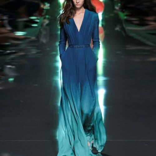 2021 spring autumn women blue dress with belt maxi long sample dresses Gradient color elegant office lady dress