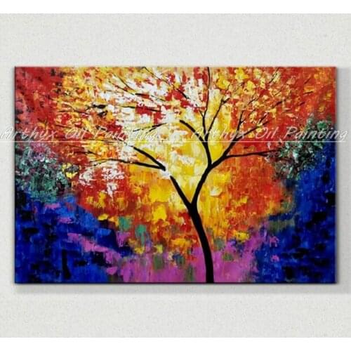 Arthyx Unframed Hand Painted Modern Colorful Tree Palette Knife Canvas Oil Painting Wall Art Pictures For Living Room Wall Decor
