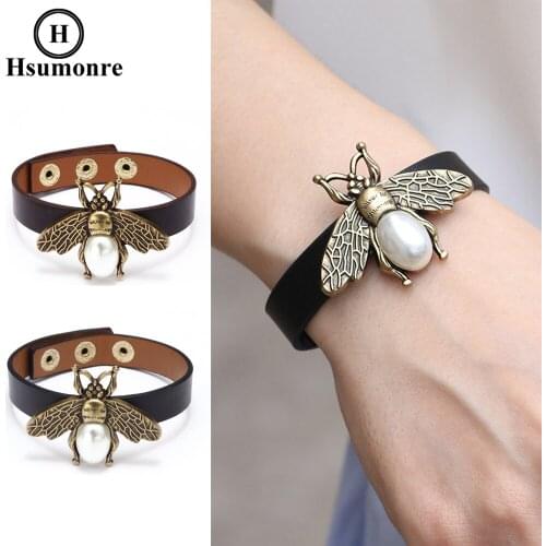 Bee Leather Bracelets Retro Genuine Leather Pearl Bead Brown Wrap Bracelet Snap Button Wristband Bangle Bracelet Gift for Girl