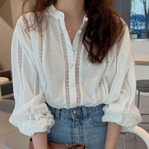 Womens Spring Autumn Top French Polka Dot Chain Hook Flower Hollow Lace Blouse New Solid Color Loose Long-sleeved Tops LL421