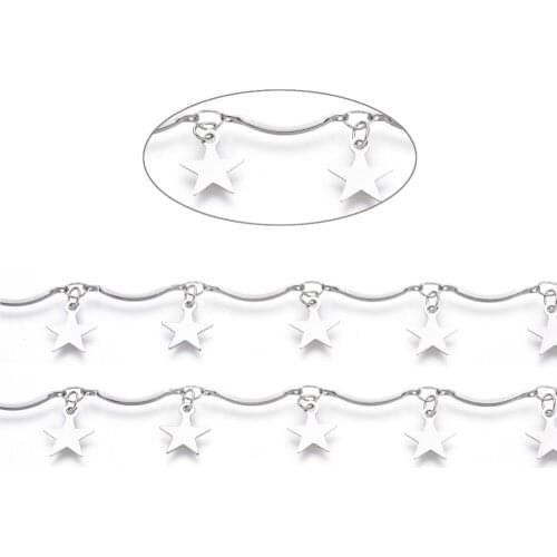 5m/lot Handmade 304 Stainless Steel Soldered Scalloped Bar Link Chains with Star Leaf/Heart Charms Chain, Stainless Steel Color