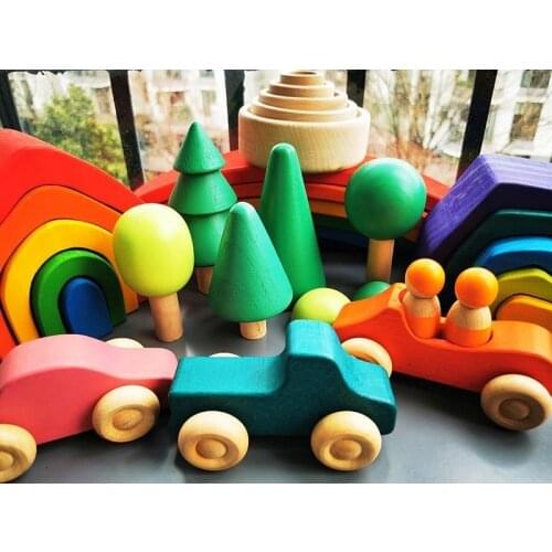 Baby Wooden Toys Elemental Rainbow Stacking Blocks /Unpaint Wood Tree Building Blocks Car Volcano Coral Sea Wave Montessori Toy