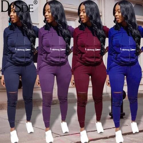 DPSDE Navy Blue Purple Household Two Pieces Women Set Autumn Full Sleeve Casual Top New 2020 Bodycon Pure Cotton Spotr Tracksuit