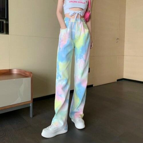 Streetwear Summer Rainbow Tie Dye Printed Jeans High Waist Straight Gradient Loose Denim Pants Y2K Wide Leg Jean Denim Trousers