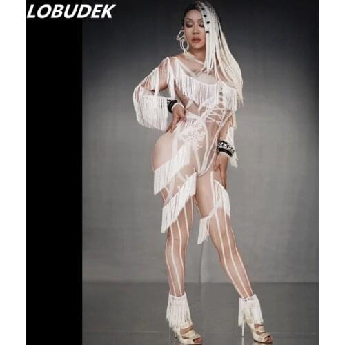 European Style Women Tights White Fringes Elastic Skinny Jumpsuit Sexy Tassels Bodysuit Dance Outfit Nightclub DJ Singer Costume