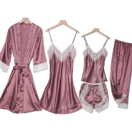 Satin Female 5PCS Robe Set Sleepwear Casual Kimono Bathrobe Gown Nightgown Sexy Nightwear Intimate Lingerie Bridal Wedding Gift