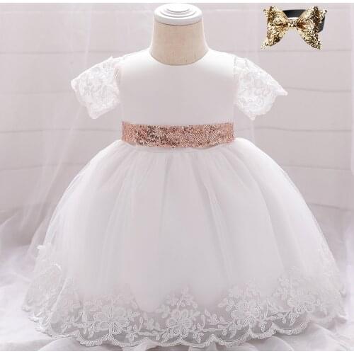Summer Lace Bow Sequined Christening Princess Toddler Birthday Party Ball Gown Baby Girl Dress Newborn Children Baptism 1 Year