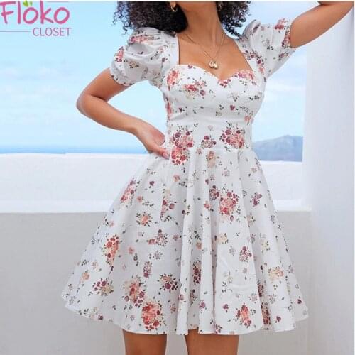 Flokocloset Summer Square Collar Backless Floral Print Mini Dress Fashion Short Sleeve Beach Holiday Dress Boho Sundress