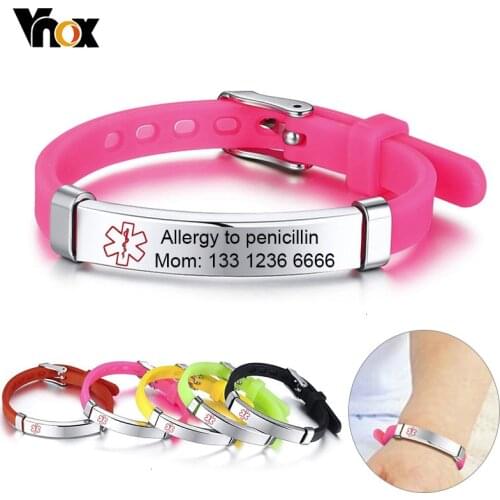 Vnox Customized Kids Medical Alert ID Bracelets for Boys Girls Anti Allergy Stainless Steel Silicone Personalize Emergency Info