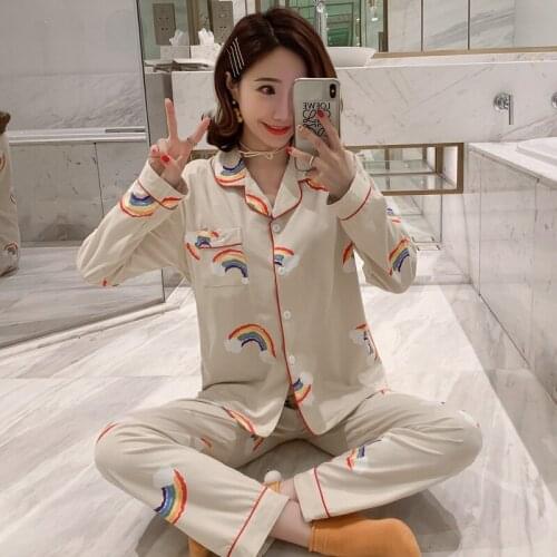 Sweet Autumn cardigan Lapel milk silk long sleeve womens home clothes pajamas full length pyjamas women silk pijama