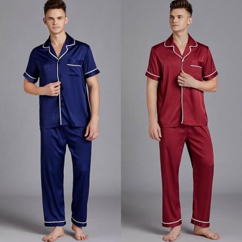 Top Quality Men Silk Satin Pajama Set Short Sleeve Pijamas Solid Pyjama homme Fashion Sleepwear Homewear Outerwear
