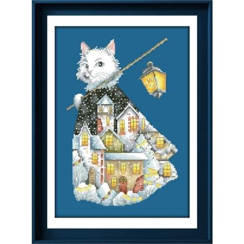 Christmas cat cross stitch kits winter snow cartoon pattern design 18ct 14ct 11ct denim blue canvas embroidery DIY needlework