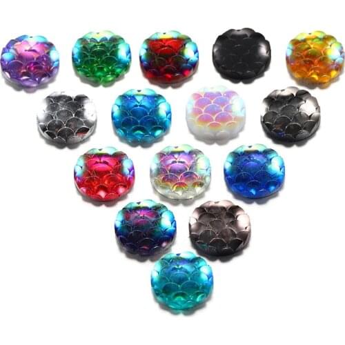 New Fashion 50pcs 12mm Mix Colors Mermaid Fish Scale Style Flat Back Resin Cabochons For Bracelet Earrings Patch Accessories