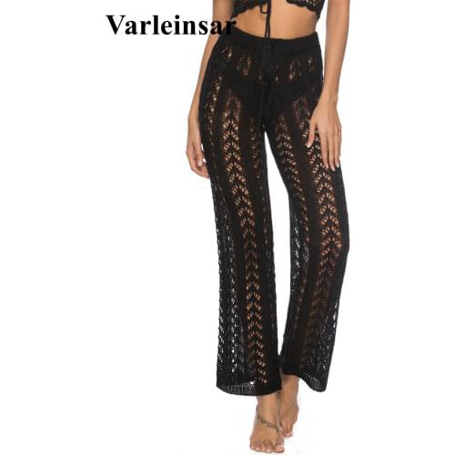 New Women Crochet Knitted Beach Pants Hollow Out Elastic Straight Casual Trouser Holiday Beach Wide Leg Bikini Cover Up V2651