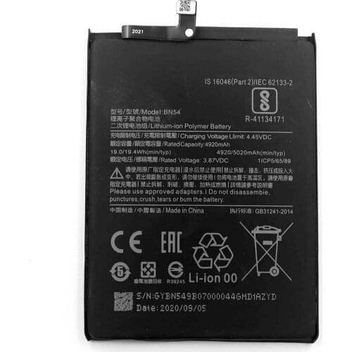 Original electric core BN54 Battery for redmi note9 global version real capacity more than 4900mAh testing with EBC-A10H