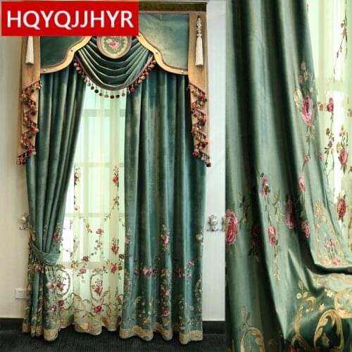 Green luxury villa high quality velvet embroidered curtains for living room Voile Curtain for Bedroom Window Treatment Drapes