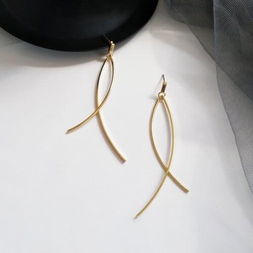S925 needle Simply Jewelry Earrings Golden Plating Two Metal Wire Cross Dangle Drop Earrings For Women Jewelry Girl Student Gift