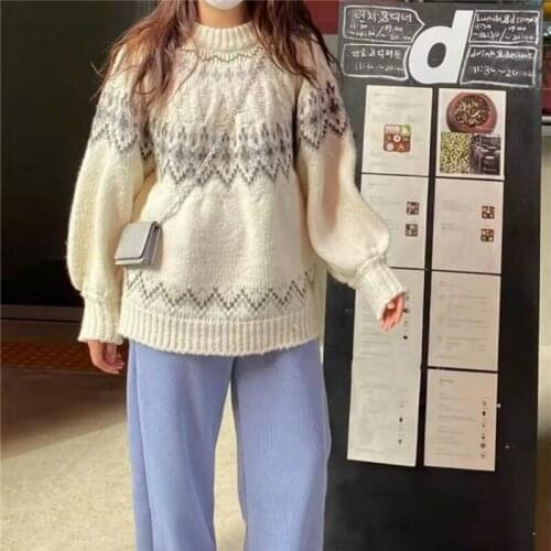 Women Autumn Vintage Geometric Jacquard Sweater Round Collar Knitted Pullovers Casual Jumpers Full Sleeve