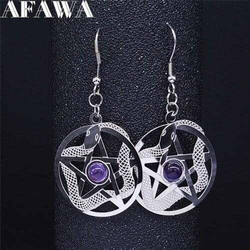 Witchcraft Pentagram Snake Stainless Steel Natural Purple Crystal AFAWA Silver Color Dangle Earrings Jewelry pendientes EXS02