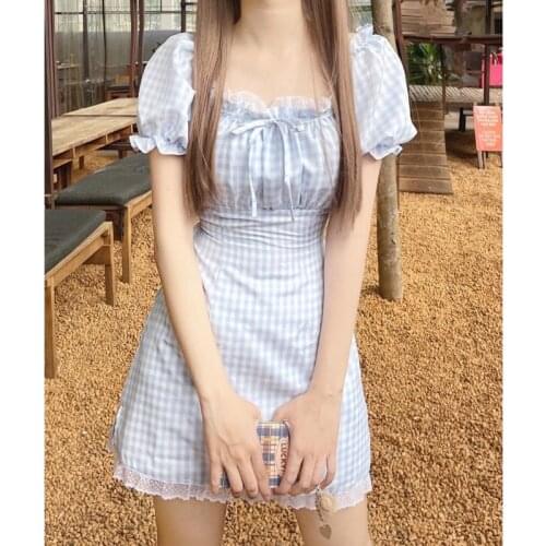 Japanese Style Soft Girl Summer New Sweet Ruffled Puff Sleeve Waist Slimming Plaid Dress for Women kawaii clothing