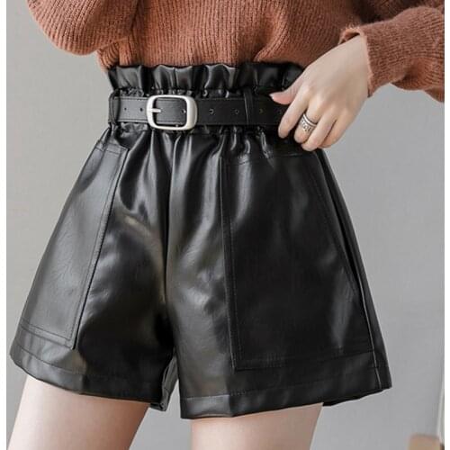 Pantalones Cortos De Mujer Shorts Fall 2021 Black Khaki PU Leather Women Winter Fashion High Waist Wide Leg Biker Shorts Sashes