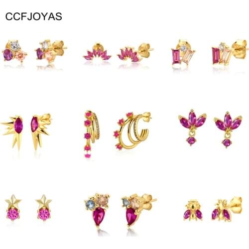 CCFJOYAS 925 Sterling Silver Rose Red Zircon Crystal Mini Stud Earrings for Women Piercing Cartilage Earring Fashion Jewelry