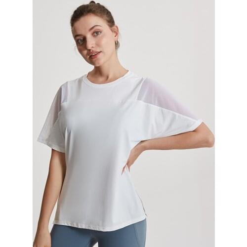 Women Loose Yoga Shirts Fitness Sport Mesh Tops Spliced Breathable Blouse Gym Workout Running Short Sleeve Top Large Size S-XXXL