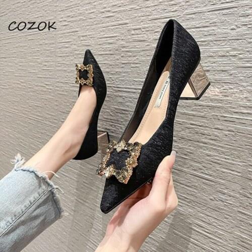 Crystal Square Button OL Elegant Shoes for Women 2021 Party Night Fashion Sexy Shoes High Heels