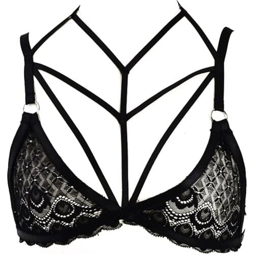 JLX.HARNESS Women Lace Bra Hollow Body Harness Translucent Underwear Fashion Sheer Lace Strap Lingerie Bra Goth Bandage Harness