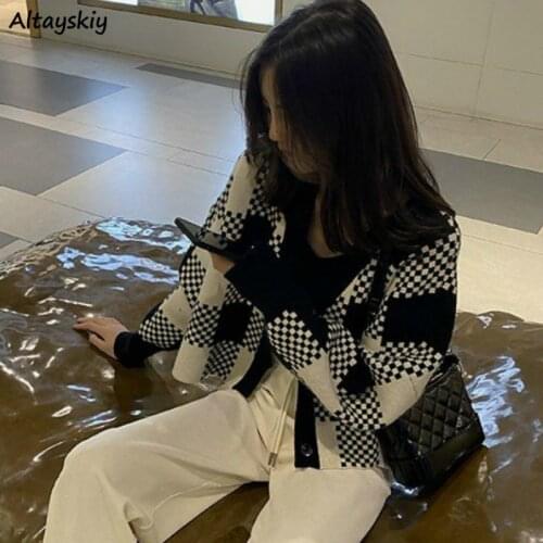 Cropped Sweaters Women Patchwork Long Sleeve V-Neck Autumn Stylish Fashionable Korean Style Loose Leisure Feminino Cardigan Chic