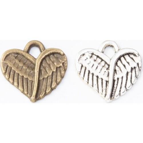 150pcs 13*13MM Tibetan metal vintage silver color bronze alloy heart wing charms pendants for bracelet earring diy jewelry