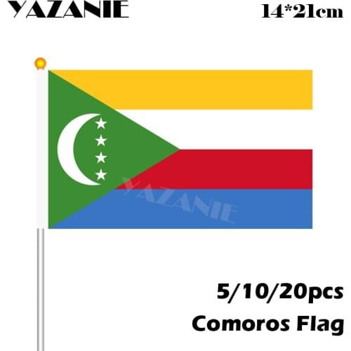 YAZANIE 14*21cm 5/10/20pcs 2018 Comoros National Hand Flag with Plastic Pole Handing #8 Polyester Flag Small Size Flying Banner