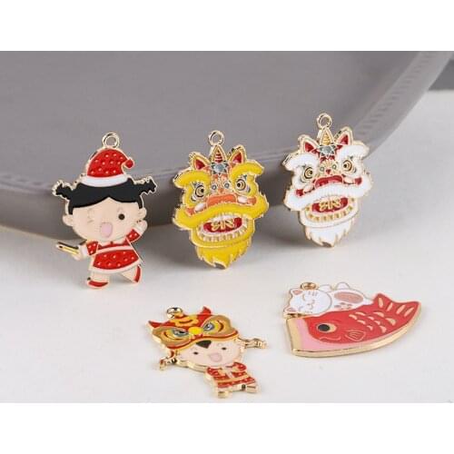 6pcs Chinese style Lion Dance Head New Year Little Girl Red Koi Fish Alloy Earrings For Women Ladies DIY Jewelry Accessories