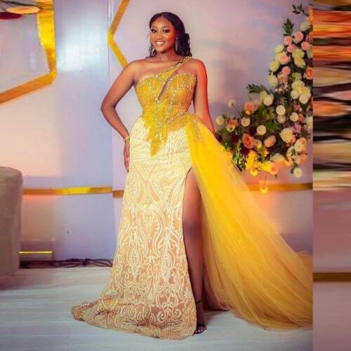 Aso Ebi African One Shoulder Lace Prom Dresses Side Split Mermaid Evening Dress With Crystals Plis Size Party vestidos de fiesta