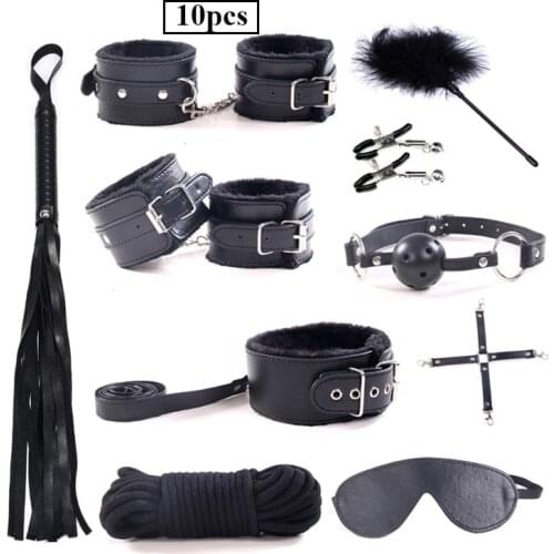 BDSM Adult Game Play Set Erotic Sex Kit Leather Plush Handcuff Leather Whip Nipple Clip Mouth Gag Bondage Sex Toys For Couples
