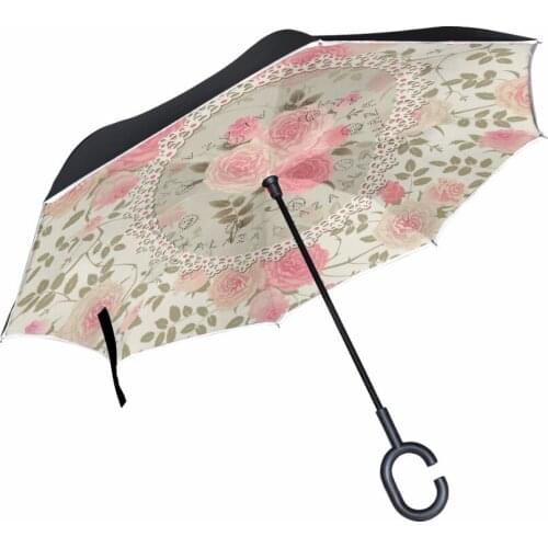 HOT SELLING Customized Pink China Rose Flower Reverse Umbrella High Quality Windproof Folding Double Layer Inverted Umbrella
