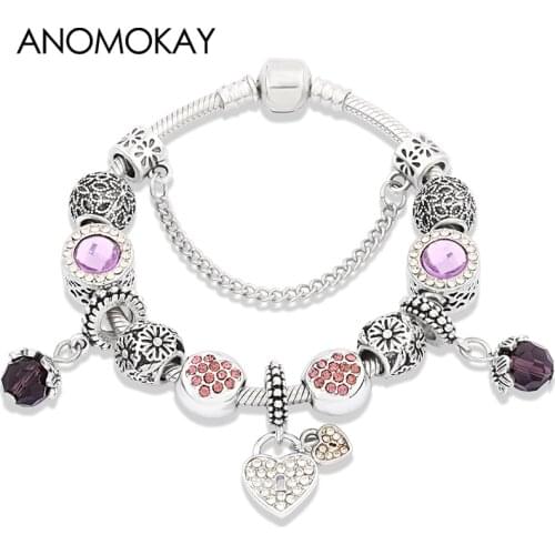 Anomokay Classic Purple Crystal Charm Bracelet for Women Girl Gift Silver Plated Flower Heart Bead Bracelets DIY Jewelry Gift