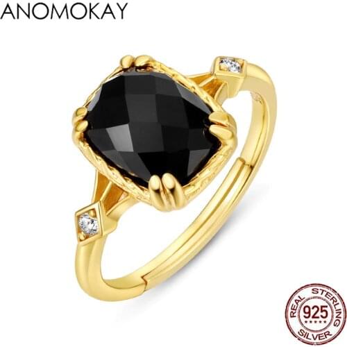 Anomokay Ethnic Style Black CZ Ring Luxury Jewelry Gold Color Index Finger Ring for Women S925 Silver Adjustable Rings Gift