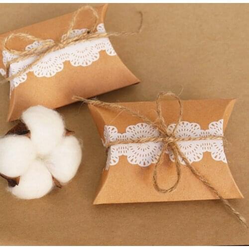 10pcs Kraft Paper Box Lace Pillow Shape Gift Box Packaging Candy Wedding Party Paper Box Gift Bags Home Party Decoration