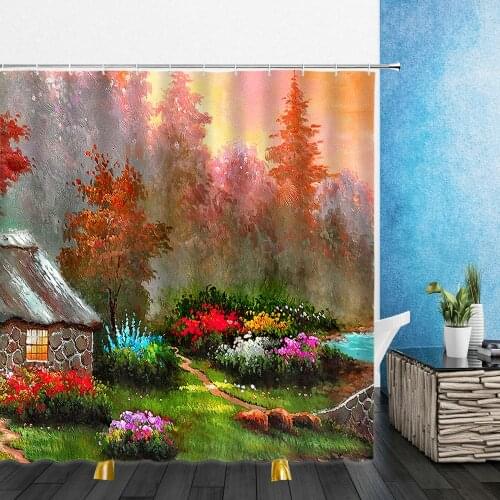 Landscape Shower Curtains Green Plants Butterfly Pink Cherry 3D Blossoms Bathroom Home Decor Waterproof Polyester Cloth Curtain