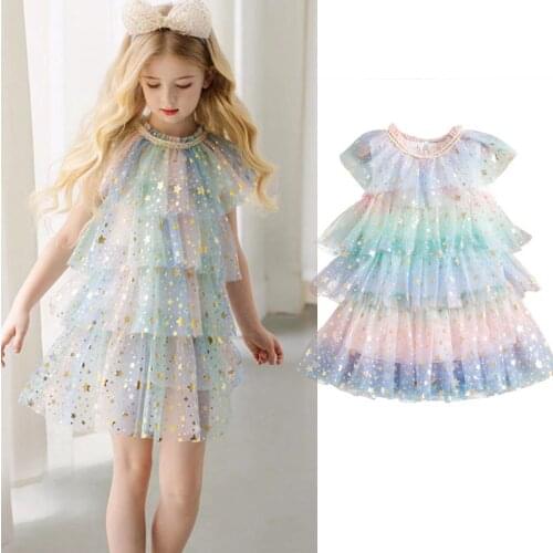 Little Girls Dress Wedding Party Fancy Dress Casual Cake Mesh Rainbow Gown Star Sequins Princess Birthday Clothes Size 3-8T