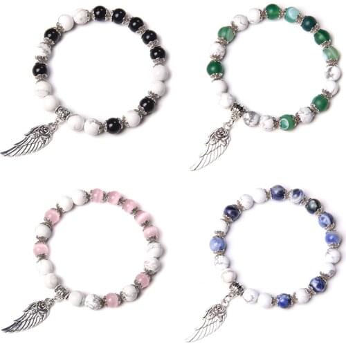 Trendy Real White Howlite Stone Bracelets Feather Wings Charm Bracelet Turquoises Cat Eye Alloy Flower Spacer Exquisite Jewelry