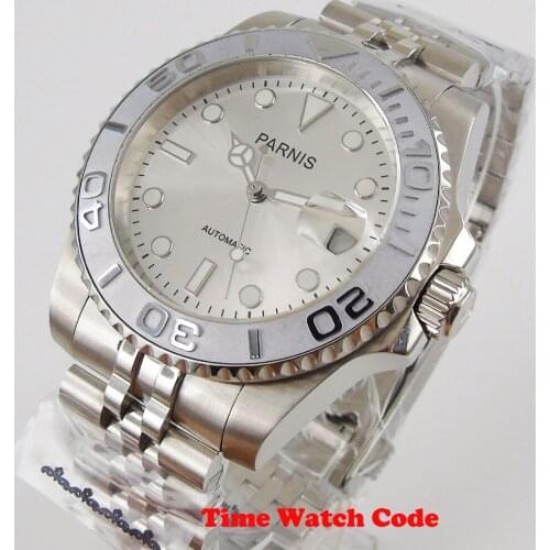 PARNIS 40mm Automatic Mens Wristwatch Silver Dial SUB Sapphire Crystal Jubilee bracelet Auto Date luminous hands magniifer