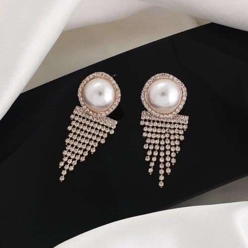 Gojomem Zircon Triangle Tassel Earrings Set with Big Pearl Silver Needle Sweet Romantic for Womens Wedding Engagement Gifts