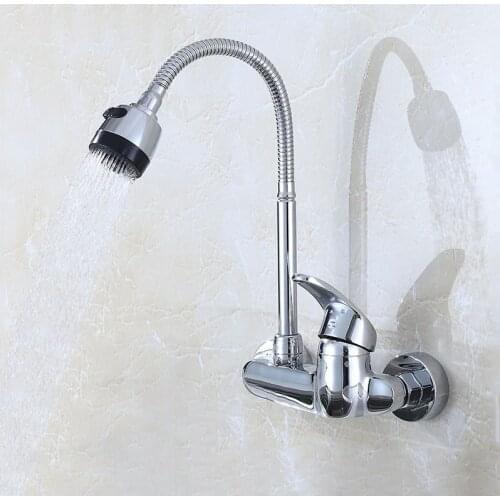 Wall Mounted Single Handle Kitchen Sink Faucet 360 Degree Swivel Flexible Pipe Hot Cold Water Mixer Tap Wash Basin Tap Dual Hole