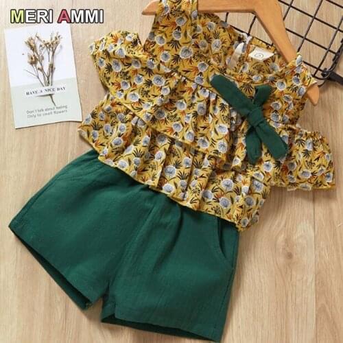 MERI AMMI 2pcs Children Girl Clothing Outfit Set Floral Cartoon Elephant Tee+Shorts For 2-7 Year Baby Kids J806