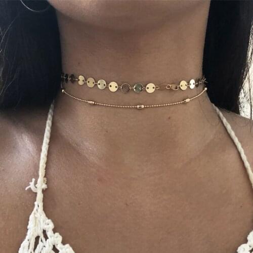 Simple Fashion Copper Round Sequins Choker Necklace Women Beads Chain Geometric Chocker Collar Clavicle Necklace Jewelry YN1017