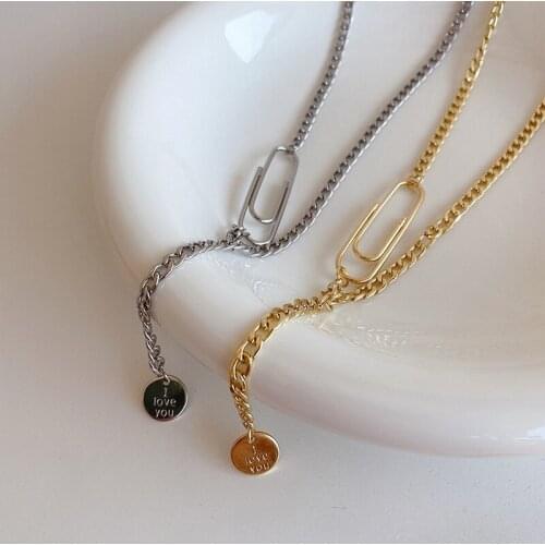 VSnow Luxury Minimalist Asymmetry Metal Paper Clip Pendant Necklace Circle Letter Hollow Chunky Chain Necklace for Women Jewelry
